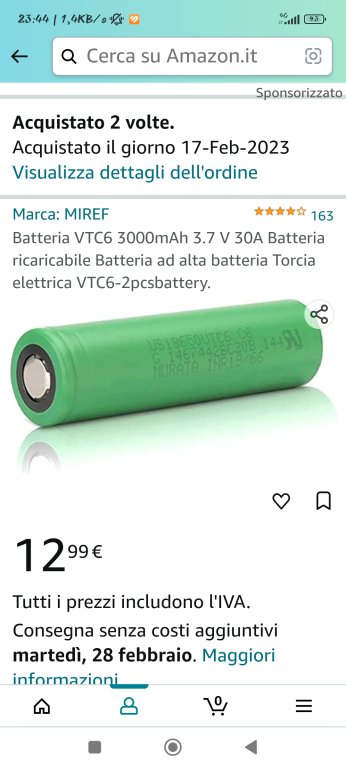 Batteria VTC6 3000mAh 3.7 V 30A Murata, Acquistata Su Amazon. [SigarettaElettronicaForum.com]